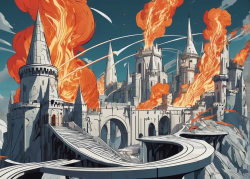 pillar of fire,city in flames,hogwarts,heroic fantasy,fantasy city,fantasy world,fire land,castles,sci fiction illustration,burning earth,the conflagration,burning torch,fire planet,conflagration,castle of the corvin,burning man,the ruins of the,firethorn,detail shot,disney castle,Conceptual Art,Sci-Fi,Sci-Fi 24