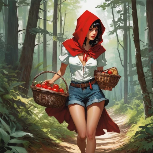 red riding hood,little red riding hood,farmer in the woods,red coat,forest walk,in the forest,hiker,game illustration,forest background,forest path,red tunic,forest clover,red cap,red cape,red hat,adventurer,red shoes,red hood,girl picking flowers,forest floor,Conceptual Art,Fantasy,Fantasy 08