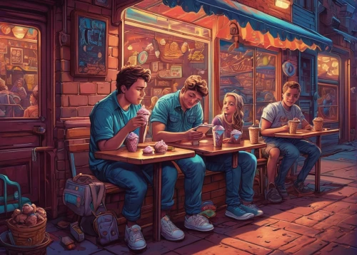 drinking establishment,the coffee shop,new york restaurant,street cafe,unique bar,paris cafe,ice cream parlor,watercolor cafe,street musicians,coffee shop,ice cream shop,irish pub,world digital painting,tavern,a restaurant,soda shop,watercolor tea shop,diner,coffeehouse,pizzeria,Illustration,Realistic Fantasy,Realistic Fantasy 25