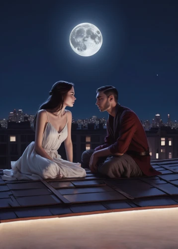 on the roof,romantic night,romantic scene,the moon and the stars,rooftop,rooftops,honeymoon,roof top,romantic meeting,night scene,romantic portrait,romantic,stargazing,world digital painting,sci fiction illustration,digital painting,twiliight,moonlight,cg artwork,paris balcony,Illustration,Realistic Fantasy,Realistic Fantasy 07