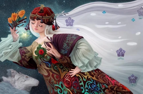 the snow queen,suit of the snow maiden,white rose snow queen,fantasy portrait,ice queen,miss circassian,rem in arabian nights,fantasy woman,fairy tale character,fantasy picture,winter festival,russian folk style,winter dream,priestess,iranian nowruz,rusalka,winter dress,sorceress,glory of the snow,fortune teller,Game Scene Design,Game Scene Design,Magical Fantasy