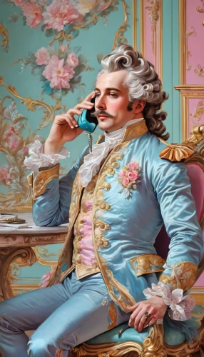 man talking on the phone,french digital background,napoleon iii style,rococo,man in pink,baron munchausen,cordless telephone,on the phone,telephone handset,phone call,telephone,crème de menthe,mozartkugeln,mozartkugel,telephony,corded phone,mobile phone,cellular phone,aristocrat,smartphone,Conceptual Art,Fantasy,Fantasy 24