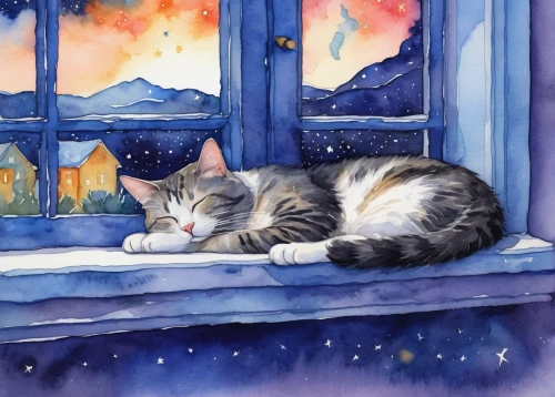 watercolor cat,watercolor background,watercolor painting,calico cat,watercolor,cat on a blue background,cat resting,watercolor blue,sleeping cat,watercolor paint,beautiful cat asleep,watercolor frame,silver tabby,starry night,pet portrait,cat portrait,aegean cat,watercolor baby items,cat european,calico,Conceptual Art,Daily,Daily 07