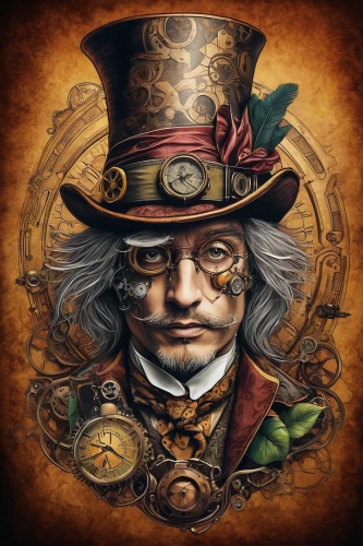 steampunk,hatter,ringmaster,clockmaker,watchmaker,steampunk gears,game illustration,the carnival of venice,clockwork,aristocrat,guy fawkes,magician,town crier,geppetto,stovepipe hat,pirate,illustrator,east indiaman,gambler,magistrate,Art,Classical Oil Painting,Classical Oil Painting 19