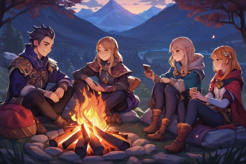 campfire,campfires,bonfire,game illustration,the dawn family,fireside,camp fire,birch family,autumn icon,autumn camper,campers,card game,warmth,campsite,villagers,the autumn,autumn theme,celebration of witches,firepit,mulberry family,Illustration,Realistic Fantasy,Realistic Fantasy 41