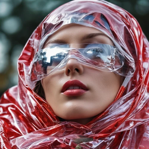 eye glass accessory,red coat,safety glass,red riding hood,aluminium foil,headscarf,cyber glasses,plastic wrap,eyewear,personal protective equipment,crystal glasses,transparent material,veil,silver framed glasses,women's accessories,red russian,bonnet,hard candy,facets,lens reflection,Photography,General,Realistic