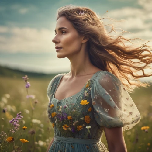 girl in flowers,beautiful girl with flowers,meadow,girl in a long dress,celtic woman,jessamine,summer meadow,romantic portrait,mystical portrait of a girl,country dress,field of flowers,meadow flowers,girl in the garden,blooming field,fantasy portrait,wildflower,flowering meadow,meadow daisy,wildflowers,portrait photography,Photography,General,Cinematic