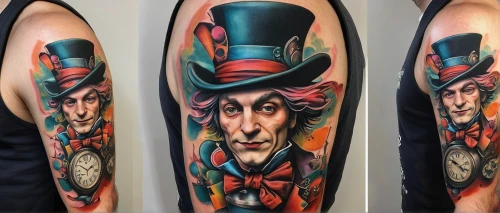 hatter,ringmaster,uncle sam,stovepipe hat,forearm,on the arm,geppetto,tattoo artist,baron munchausen,uncle sam hat,pinocchio,top hat,body art,alice in wonderland,sleeve,hand-painted,jigsaw,tattoo,harlequin,steampunk,Art,Classical Oil Painting,Classical Oil Painting 38