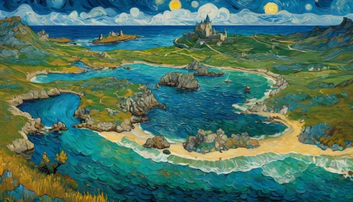 vincent van gough,archipelago,navajo bay,island of fyn,an island far away landscape,artificial islands,karst landscape,floating islands,vincent van gogh,lake baikal,crimea,island of juist,artificial island,khokhloma painting,lavezzi isles,lagoon,islands,kei islands,coastal landscape,water courses,Art,Artistic Painting,Artistic Painting 03