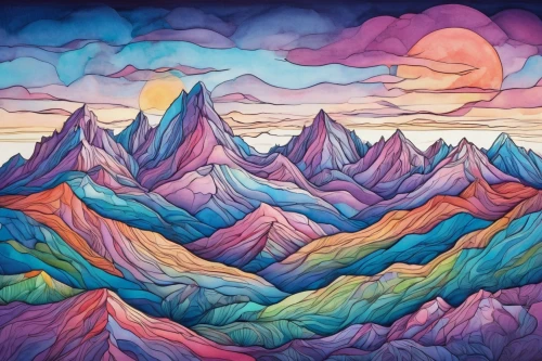 mountains,high mountains,mountain sunrise,mountain landscape,snow mountains,cloud mountains,the landscape of the mountains,mountain scene,mountain range,cloud mountain,mountainous landscape,moutains,giant mountains,himalaya,autumn mountains,mountain ranges,mountain world,mountain,colorful background,himalayas,Illustration,Abstract Fantasy,Abstract Fantasy 13