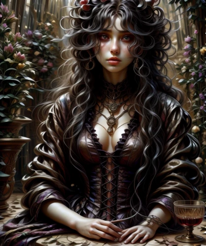 the enchantress,fantasy portrait,sorceress,mystical portrait of a girl,victorian lady,gothic portrait,fantasy art,gothic woman,dryad,faery,priestess,fantasy woman,faerie,artemisia,secret garden of venus,elven flower,goth woman,fantasy picture,vampire woman,vampire lady