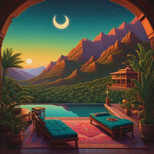 cabana,tropical house,desert landscape,hacienda,hideaway,home landscape,tropics,roof landscape,fantasy landscape,desert desert landscape,tenerife,oasis,tropical island,desert,the desert,moorea,tahiti,arabic background,landscape background,palm springs,Conceptual Art,Daily,Daily 25