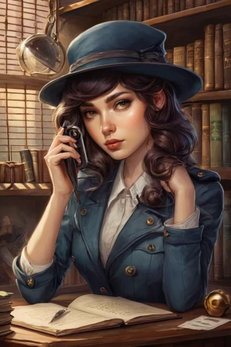 librarian,telephone operator,investigator,game illustration,inspector,the hat-female,policewoman,girl studying,bookkeeper,victorian lady,receptionist,witch's hat icon,girl wearing hat,portrait background,vintage girl,telegram,private investigator,fantasy portrait,sci fiction illustration,scholar,Illustration,Abstract Fantasy,Abstract Fantasy 11