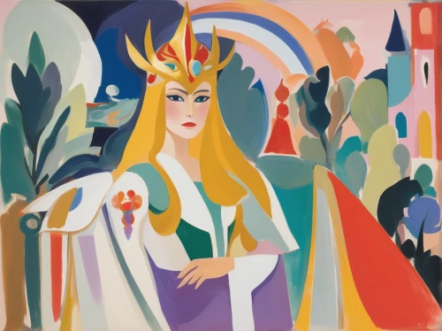 priestess,art deco woman,king caudata,fantasy woman,gobelin,crowned,queen crown,fairy queen,king arthur,goddess of justice,cybele,church painting,fairy tale icons,athena,king david,the enchantress,queen of the night,crowns,the prophet mary,biblical narrative characters,Art,Artistic Painting,Artistic Painting 41