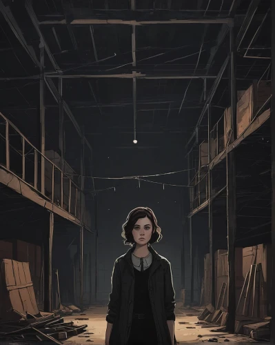 croft,the girl at the station,penumbra,girl walking away,sci fiction illustration,warehouse,clementine,eleven,cold room,nora,empty factory,detective,newt,clary,trench coat,lost place,black coat,alleyway,asylum,digital painting,Illustration,Abstract Fantasy,Abstract Fantasy 05