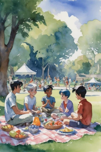 picnic,family picnic,picnic basket,summer fair,tea party,summer bbq,apple orchard,parasols,summer day,studio ghibli,game illustration,placemat,social group,cream tea,orchard,croquet,children studying,children drawing,garden party,straw hats,Illustration,Paper based,Paper Based 23