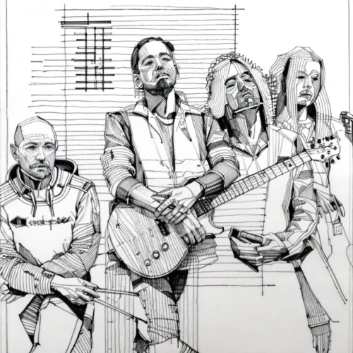 musicians,music paper,metric,music band,music book,cavaquinho,musical ensemble,bluegrass,office line art,street musicians,coloring page,folk music,quartet in c,musical paper,pentangle,guitar player,hand-drawn illustration,banjo player,songbook,album cover,Design Sketch,Design Sketch,None