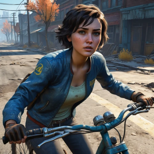 croft,clementine,biker,woman bicycle,biking,motorbike,fallout4,bike,bicycle,jean jacket,motorcycle,bike city,two-wheels,nora,bikes,motorcycles,girl with a wheel,bicycling,motorcyclist,two wheels,Conceptual Art,Oil color,Oil Color 09