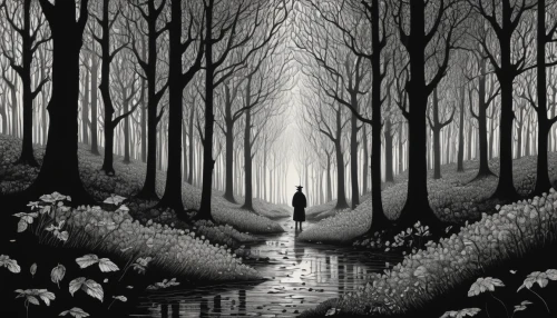 girl with tree,girl walking away,hollow way,forest walk,slender,forest path,haunted forest,forest of dreams,black landscape,the mystical path,tree grove,the woods,forest dark,the forest,ballerina in the woods,sleepwalker,the girl next to the tree,woman walking,enchanted forest,dark art,Illustration,Black and White,Black and White 09