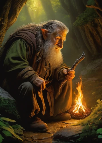 jrr tolkien,dwarf cookin,gandalf,the wizard,hobbit,druid,thorin,dwarf sundheim,scandia gnome,fire artist,fantasy picture,gnome,male elf,fantasy portrait,druid grove,druid stone,game illustration,wizard,monk,candlemaker,Illustration,Realistic Fantasy,Realistic Fantasy 32