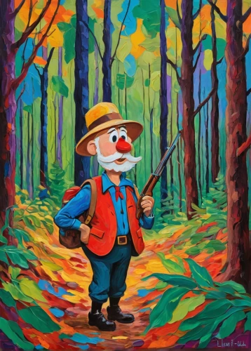 farmer in the woods,frutti di bosco,pinocchio,cartoon forest,geppetto,forest man,woodsman,oil painting on canvas,oil on canvas,hiker,park ranger,forest walk,painting technique,forest background,hare trail,art painting,pilgrim,explorer,robber,oil painting,Conceptual Art,Oil color,Oil Color 25