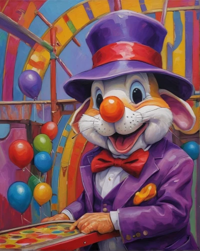 ringmaster,circus animal,conductor,oil painting on canvas,hatter,circus,color rat,colored pencil background,pinball,oil on canvas,circus show,jigsaw puzzle,meticulous painting,funfair,musical rodent,mousetrap,chalk drawing,painting easter egg,oil painting,gambler,Illustration,Realistic Fantasy,Realistic Fantasy 30