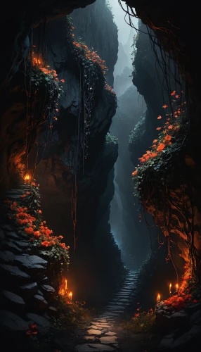 hollow way,lava cave,chasm,ravine,the mystical path,pathway,the path,devil's bridge,descent,forest path,fantasy landscape,lava tube,haunted forest,winding steps,underground lake,lava river,dungeons,hiking path,passage,cave,Conceptual Art,Fantasy,Fantasy 11