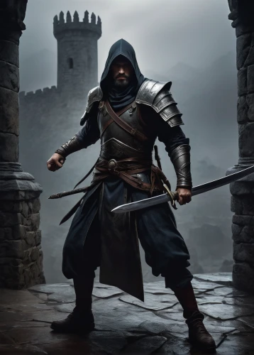 massively multiplayer online role-playing game,hooded man,assassin,game art,castleguard,swordsman,assassins,game illustration,quarterstaff,wall,heroic fantasy,android game,action-adventure game,mobile video game vector background,the wanderer,twitch logo,medieval,mercenary,longbow,swordsmen,Photography,Fashion Photography,Fashion Photography 17