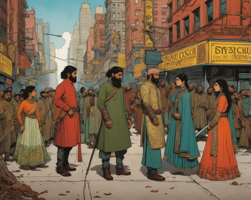orientalism,pilgrims,monks,sikh,the pied piper of hamelin,orange robes,pied piper,nomads,pedestrians,buddhists monks,july 1888,seven citizens of the country,biblical narrative characters,street scene,sadhus,contemporary witnesses,cover,muslims,nabibia,people walking,Illustration,Realistic Fantasy,Realistic Fantasy 04