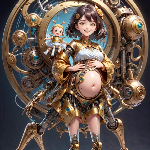 armillary sphere,honmei choco,navel,chariot,harmonia macrocosmica,lux,euphonium,pregnant woman icon,baby frame,steampunk,cloth doll,xiaochi,baby carriage,chibi girl,maternity,dolls pram,female doll,constellation lyre,sterntaler,zodiac sign libra,Anime,Anime,General