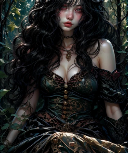 the enchantress,dryad,fantasy portrait,fantasy art,sorceress,fantasy woman,celtic queen,background ivy,faerie,dark elf,faery,rusalka,ivy,undergrowth,gothic woman,huntress,warrior woman,fairy tale character,fantasy picture,merida