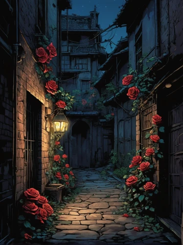 alleyway,way of the roses,landscape rose,night view of red rose,alley,flower shop,lanterns,blooming roses,rosebushes,chinese lanterns,芦ﾉ湖,narrow street,rose bloom,scent of roses,romantic rose,old country roses,night-blooming jasmine,blind alley,rosebush,corner flowers,Illustration,Japanese style,Japanese Style 14