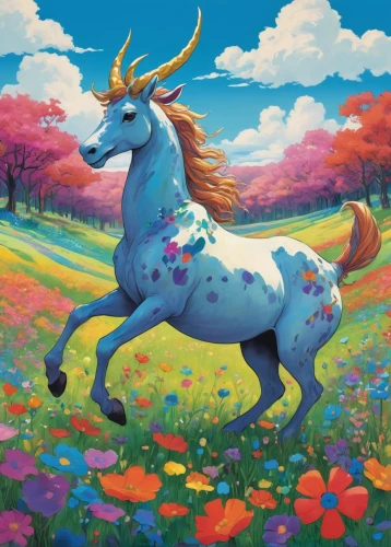 spring unicorn,unicorn background,unicorn art,unicorn,colorful horse,rainbow unicorn,unicorn and rainbow,painted horse,flower animal,unicorns,centaur,springtime background,golden unicorn,taurus,constellation unicorn,pegasus,dream horse,spring background,laughing horse,the zodiac sign taurus,Illustration,Japanese style,Japanese Style 14