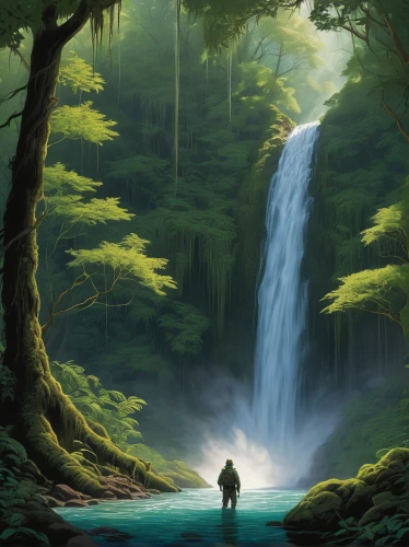 green waterfall,waterfall,world digital painting,cartoon video game background,landscape background,ash falls,fantasy picture,water fall,waterfalls,japan landscape,fantasy landscape,rain forest,falls,brown waterfall,green forest,forest background,forest landscape,the natural scenery,water falls,a small waterfall,Illustration,American Style,American Style 01
