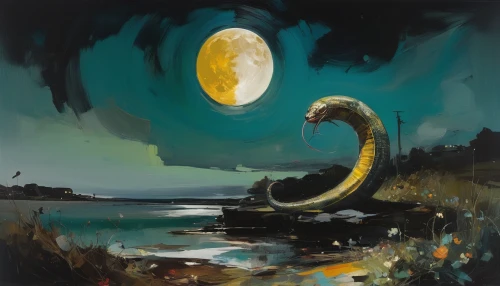 hanging moon,big moon,moonlit night,moonlit,moonrise,ammonite,cuthulu,painted dragon,nuphar,crescent moon,lunar landscape,herfstanemoon,the night of kupala,moonscape,moons,moon at night,world digital painting,moon night,lunar,digital painting,Conceptual Art,Oil color,Oil Color 01