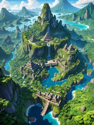 mountain world,meteora,polynesia,floating islands,ancient city,kei islands,mountain settlement,islands,harau,fantasy landscape,flying island,an island far away landscape,mountainous landscape,mountainous landforms,island of juist,the continent,island of fyn,fantasy world,studio ghibli,karst landscape,Anime,Anime,General