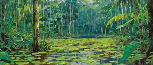 rainforest,aaa,swamp,rain forest,patrol,swamp iris,kerala,green forest,jungle,bamboo forest,tropical jungle,vietnam,green congo,wetland,hawaii bamboo,amazonian oils,aa,forest landscape,mangroves,nimphaea,Conceptual Art,Oil color,Oil Color 10