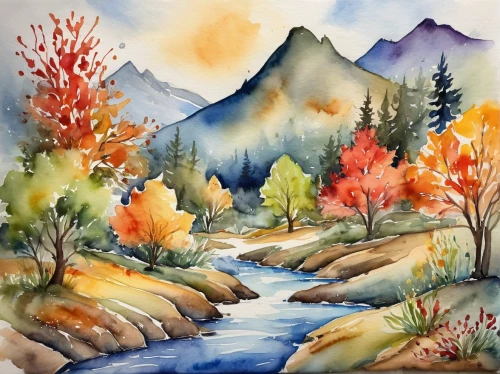 watercolor background,fall landscape,watercolor,watercolor painting,autumn landscape,water color,watercolor leaves,watercolors,autumn mountains,watercolor paint,water colors,watercolour,mountain stream,mountain scene,mountain landscape,river landscape,watercolor shops,watercolor paper,watercolor paint strokes,fall foliage,Illustration,Paper based,Paper Based 24