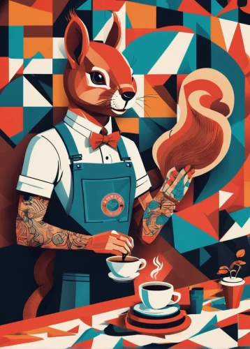 donut illustration,coffee tea illustration,waiter,rocket raccoon,chef,barista,anthropomorphized animals,caterer,chimichanga,pizza service,squirell,cooking book cover,espresso,retro diner,pastry chef,tinsmith,knife kitchen,fox and hare,coffee background,espressino,Illustration,Vector,Vector 17