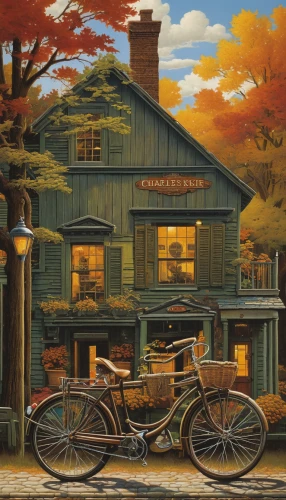 autumn chores,autumn landscape,home landscape,country cottage,david bates,fall landscape,gas-station,general store,autumn idyll,rural landscape,cottage,toll house,one autumn afternoon,wooden carriage,houses clipart,antique car,newspaper delivery,house painting,bicycle,country hotel,Conceptual Art,Daily,Daily 33