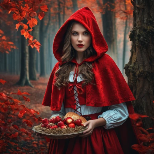 red riding hood,little red riding hood,red coat,red apples,red berries,girl picking apples,red apple,woman eating apple,woman holding pie,red tunic,basket of apples,autumn taste,queen of hearts,fairy tale character,black forest,red cape,autumn theme,shades of red,red tablecloth,autumn fruit,Photography,General,Fantasy