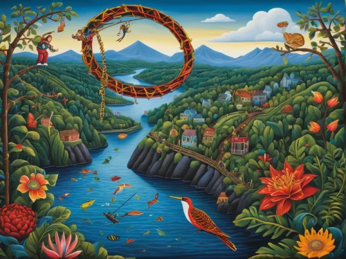 pachamama,quetzal,el salvador dali,mantra om,el arco,stargate,indigenous painting,oxbow lake,guatemalan quetzal,motif,dominica,harp with flowers,garden of eden,khokhloma painting,utopian,mother earth,rotorua,rainbow bridge,oasis,dragon bridge,Illustration,Abstract Fantasy,Abstract Fantasy 12