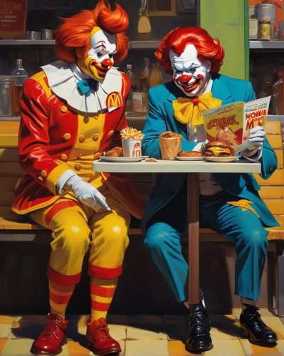 clowns,mcdonalds,mcdonald,kids' meal,mcdonald's,fastfood,ronald,fast food restaurant,fast food junky,fast-food,business meeting,fast food,content writers,dinner for two,it,a meeting,creepy clown,clown,conversation,romantic dinner,Conceptual Art,Oil color,Oil Color 04