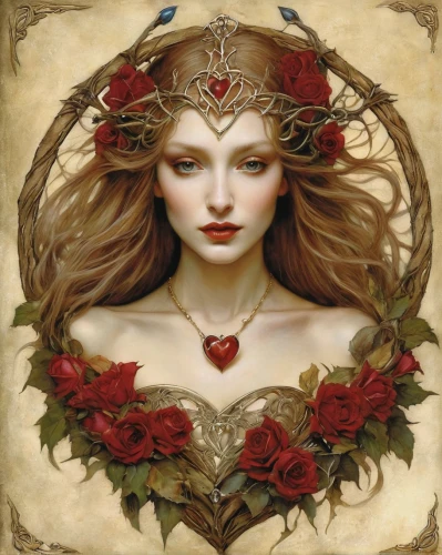rose wreath,faery,wind rose,the enchantress,celtic queen,girl in a wreath,fairy queen,fantasy portrait,mystical portrait of a girl,faerie,queen of hearts,fantasy art,wreath of flowers,vanessa (butterfly),fantasy woman,heart with crown,crown-of-thorns,art nouveau,crown of thorns,way of the roses,Illustration,Realistic Fantasy,Realistic Fantasy 14