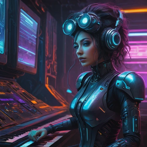 cyberpunk,girl at the computer,cyber,synthesizer,jukebox,pianist,scifi,midi,sci fiction illustration,operator,synthesizers,cybernetics,music player,electronic music,organist,cyberspace,computer,pinball,futuristic,sci fi,Illustration,Retro,Retro 14