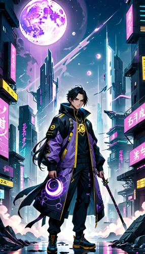 dodge warlock,yukio,cyberpunk,monsoon banner,ultraviolet,summoner,game illustration,magistrate,purple,swordsman,magus,purple background,purple wallpaper,mage,rich purple,wiz,purple rain,wizard,sigma,sci fiction illustration,Anime,Anime,General