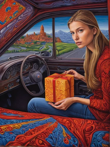 woman in the car,girl in car,girl and car,girl with bread-and-butter,woman thinking,woman sitting,meticulous painting,blonde girl with christmas gift,woman on bed,girl with a wheel,travel woman,car salon,oil painting on canvas,oil painting,auto detail,automotive decor,art painting,woman shopping,upholstery,woman with ice-cream,Illustration,Abstract Fantasy,Abstract Fantasy 21