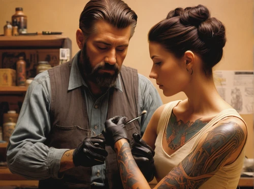 tattoo girl,tattoo artist,with tattoo,tattoo expo,tattoos,tattooed,deadwood,tattoo,sleeve,watchmaker,pomade,rockabilly style,wing chun,pompadour,on the arm,rockabilly,vintage man and woman,barber,ink,body painting,Conceptual Art,Sci-Fi,Sci-Fi 15