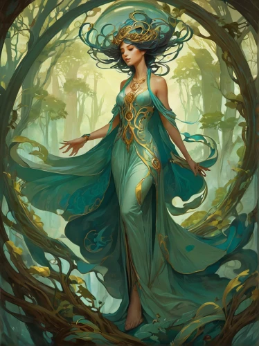 dryad,faerie,faery,elven forest,the enchantress,fae,enchanted forest,fairy queen,fantasy portrait,druid,elven,rusalka,mother earth,sorceress,fairy forest,flora,forest of dreams,rosa 'the fairy,mystical portrait of a girl,ballerina in the woods,Illustration,Retro,Retro 13