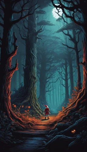 haunted forest,little red riding hood,red riding hood,hollow way,cartoon video game background,forest dark,the woods,forest background,the forest,game illustration,forest path,halloween background,halloween illustration,enchanted forest,autumn forest,adventure game,cartoon forest,forest road,forest,forest floor,Illustration,Realistic Fantasy,Realistic Fantasy 25